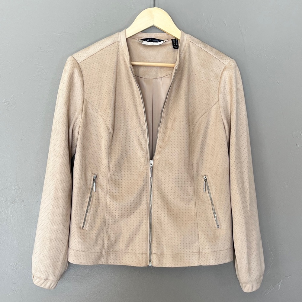H by Halston NWOT Faux Suede Light Tan Moto Bomber Neutral Layering Jacket Sz 6